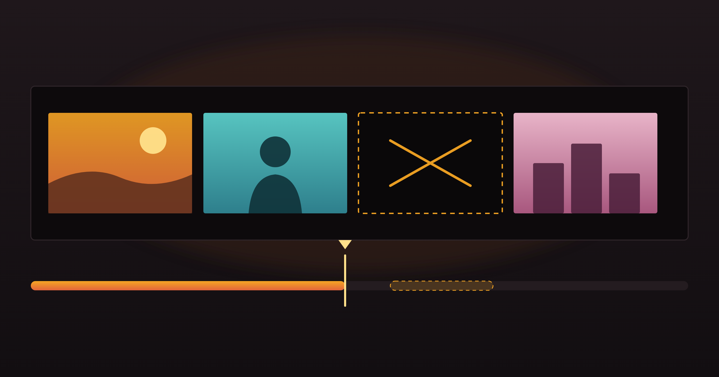 A video editing timeline with four film frames, one blacked out and crossed through in amber to mark a model that has been switched off